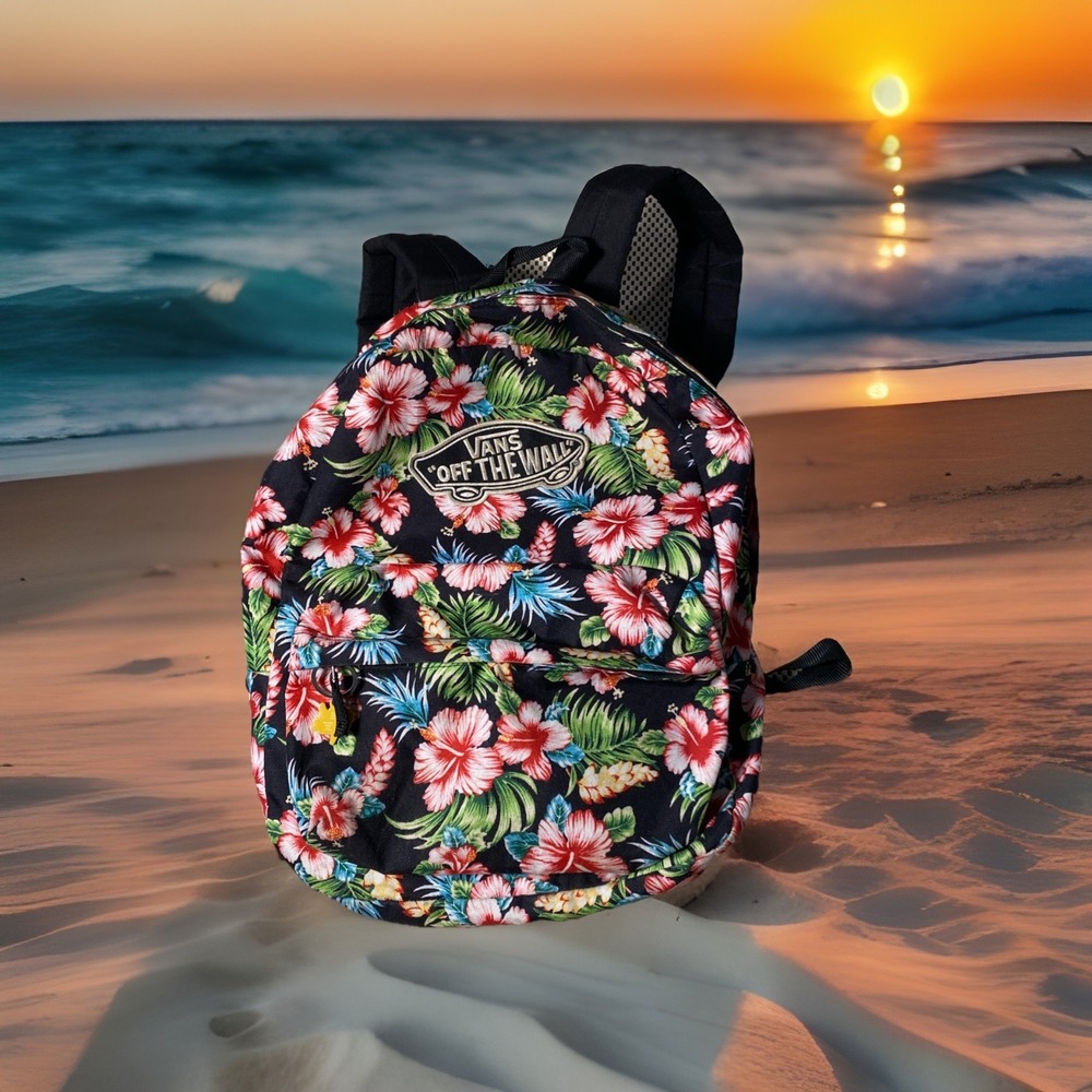 Vans Off The Wall Tropical Floral Backpack Black Red Green Hibiscus Aloha Print